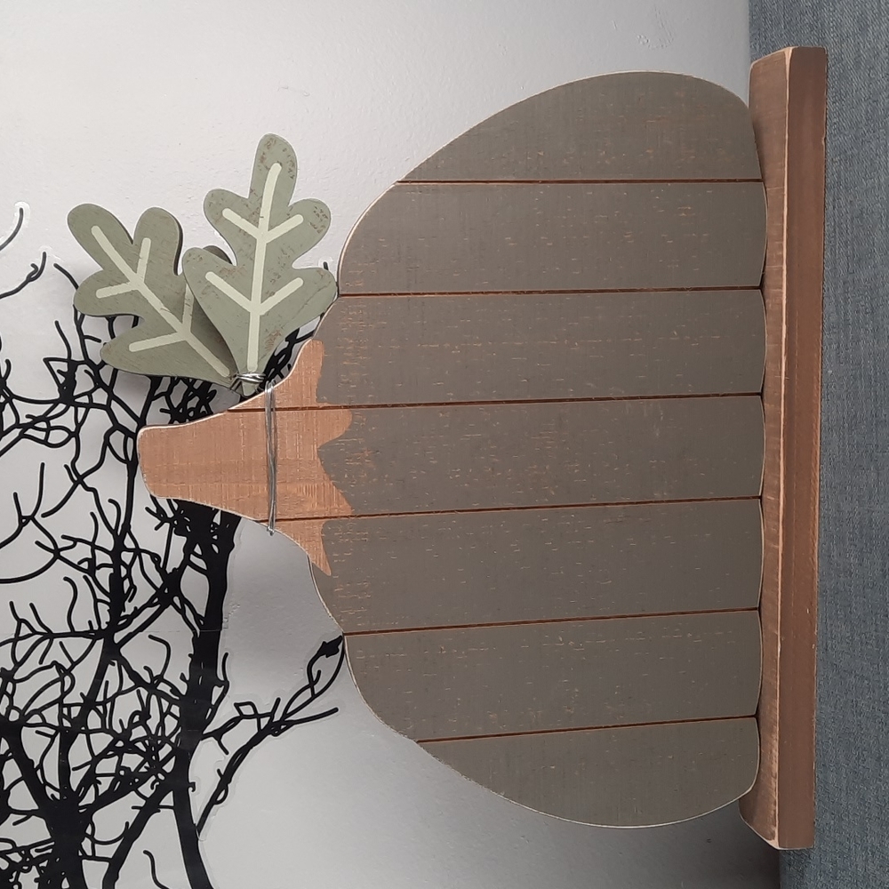 Pumpkin Wood Slat Gray Green Shelf Mantle Sitter Fall Harvest Mantel Decoration
